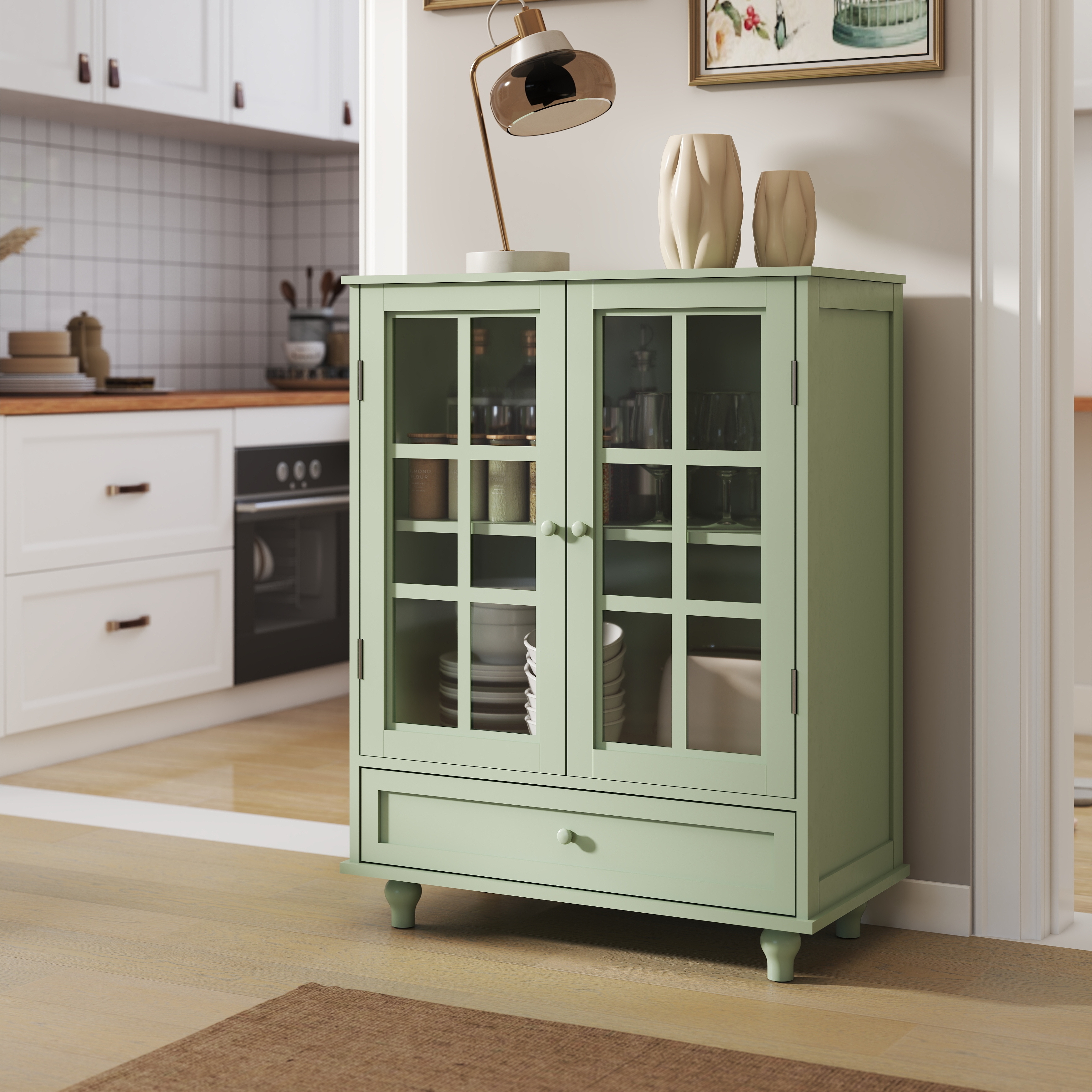 Minimalism Buffet Cabinet with Double Glass Doors and Drawer, Modern Wooden Storage Sideboard Cupboard for Living room, Dining Room Hallway Entryway (Mint Green)