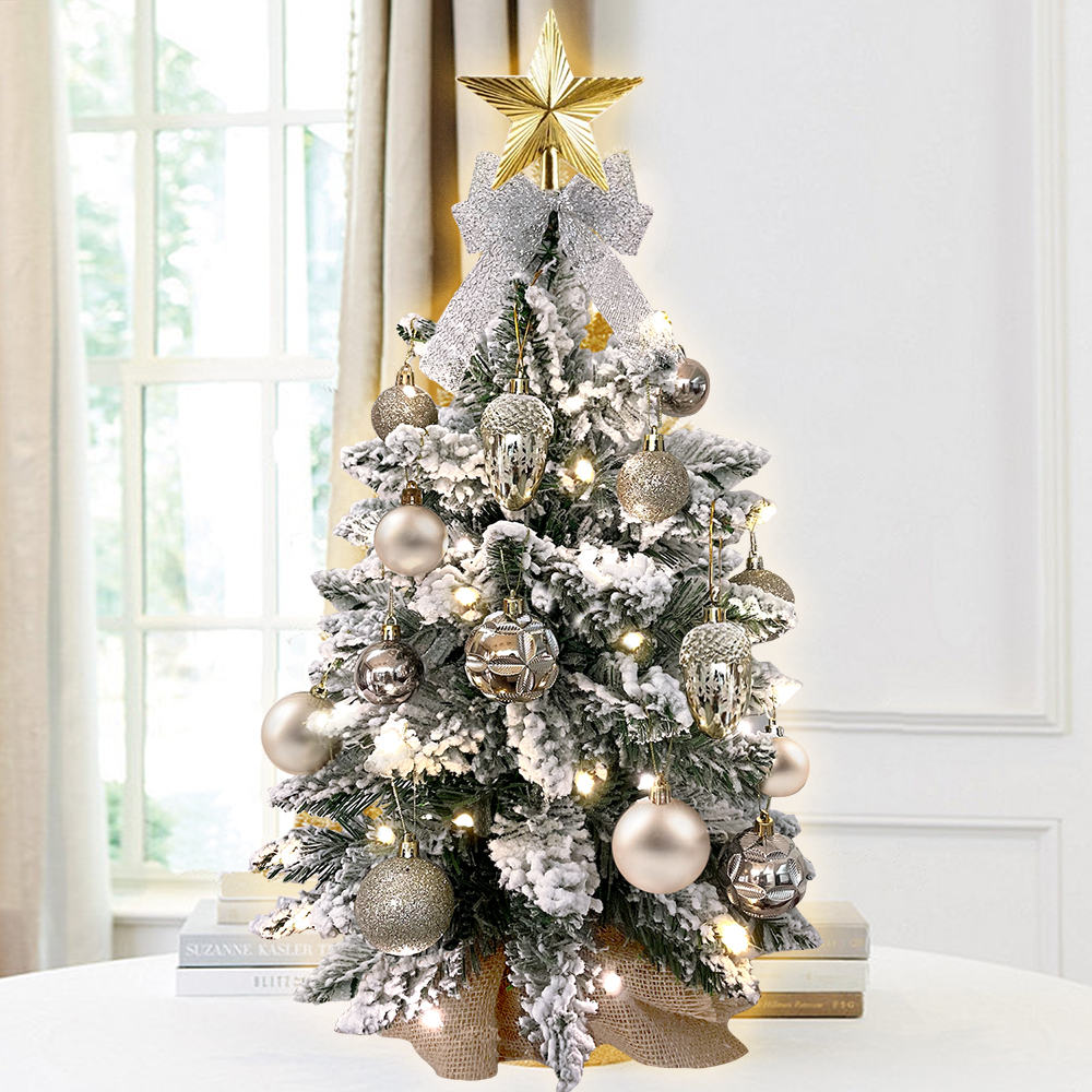 22in Mini Christmas Tree with Lights, Rose Gold Artificial Small Tabletop Christmas Tree with Flocked Snow, Exquisite Decor & Xmas Decorations for Table Top for Home & Office